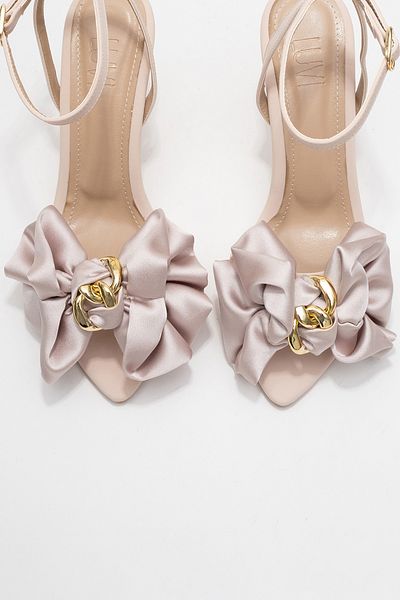 LuviShoes Lucy Beige Satin Bow Women's Thin Heeled Shoes