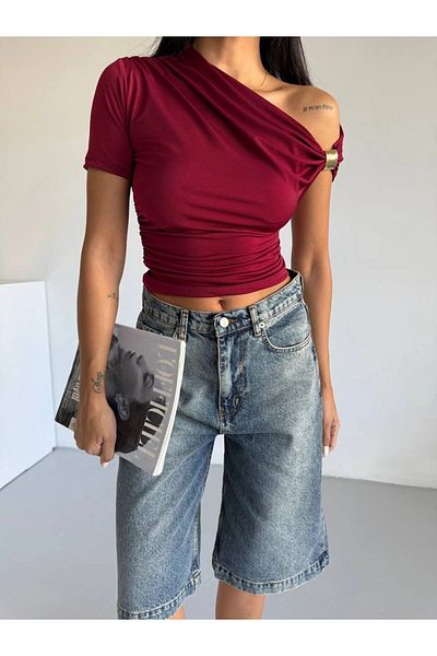hazelin Bluză de damă Bordeaux asimetrică Drapelim Sandy cu accesorii pentru umeri HZL25S-FRY123231