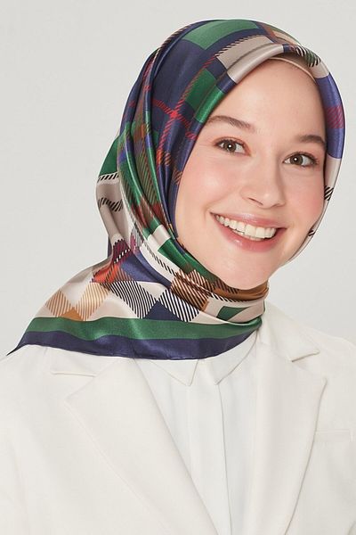 Armine Nostalgia Twill Silk Scarf 8547D-86 Plaid Pattern Emerald-Dark Blue