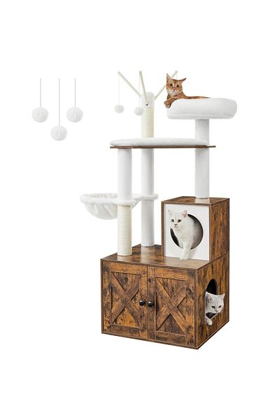 SERSIMO FEANDREA Mobilier 2 in 1 pentru pentru pisici cu cusca si loc de joaca, 58x50x140cm, maro vintage
