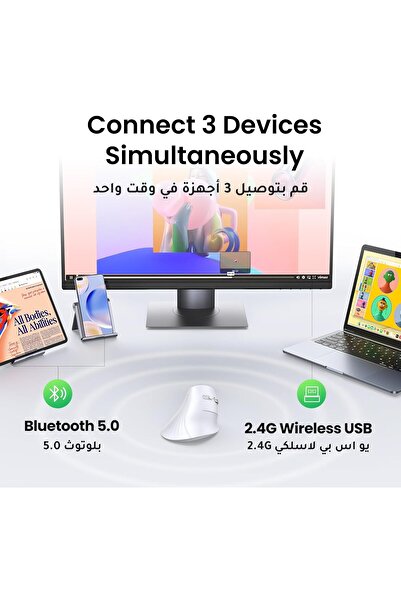 Generic UGREEN Ergonomic Vertical Wireless Mouse, 2.4GHz Bluetooth, 4 DPI Levels, 5 Buttons, White