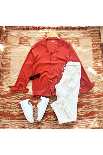 tiggirmoda Bürümcük Crinkle Fabric Summer Lycra Men's Shirt Pants Set
