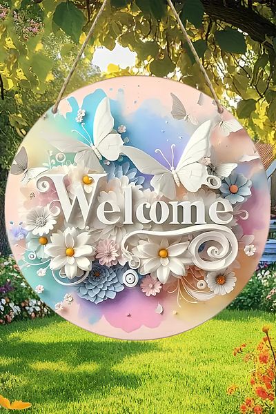 kutuTR 🌸   Colorful Flower and Butterfly Themed Mdf Door Ornament – Welcome Written 🌸 Ks009