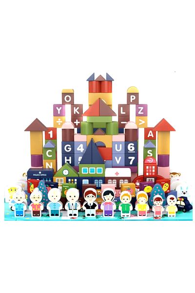 ideal STORE The Merry Town idealSTORE Wooden Cube Construction Set, Includes Puzzle Carpet, 179 elements