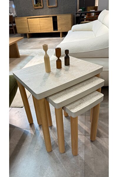 AKSET 3LÜ TRAVERTEN ZİGON SEHPA BOHEM CEVİZ AYAK