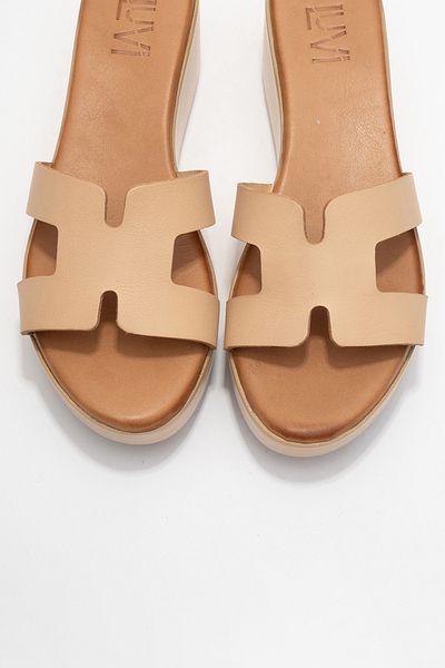 LuviShoes Lia Dark Beige Skin Genuine Leather Women's Wedge Heeled Slippers