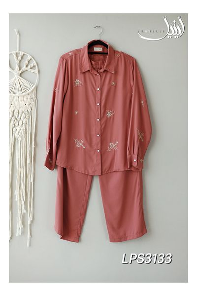 LINELLE Co-Ord Set – Solid Pink Shirt and Pant with Floral Embroidery Work.