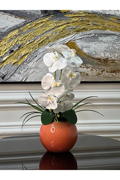 TASARIMHMODA Yapay Orkideli Turuncu Cam Vazo