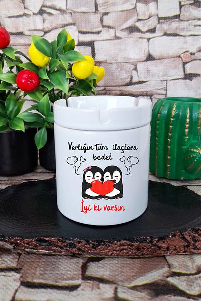 qoeuyl boutique Good That You Exist - Penguin Printed Gift for Spouse, Lover, Friend Odorless Ceramic Ashtray with Lid