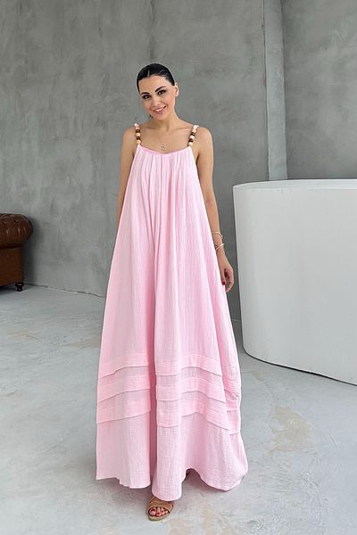 Seda Yalçın Atelier Pink Beaded Strap Detailed Comfortable Linen Dress