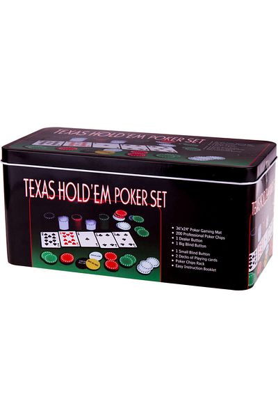 OEM Set Poker Texas Hold'em Negru, 200 jetoane cu 5 valori, 2 pachete de carti, covoras masa de joc, Jet