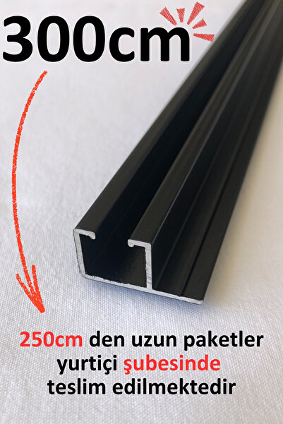 İzen Tek Kanallı Yan Çıtalı 300cm Siyah Alüminyum Perde Rayı (25mm) Tekli Korniş
