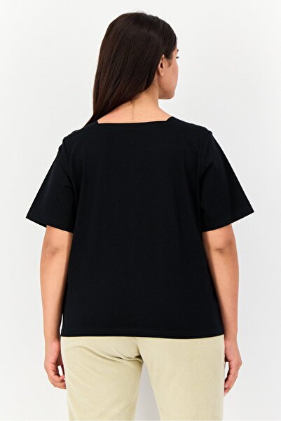 Giordano Women Square Neck Short Sleeves Solid Tops, Black