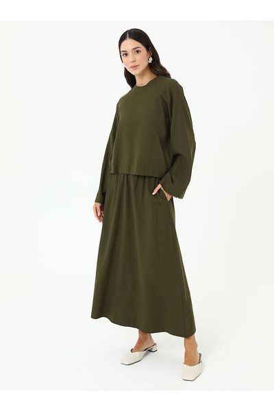 Benin Linen Blend Blouse & Skirt Double Set - Khaki - Benin