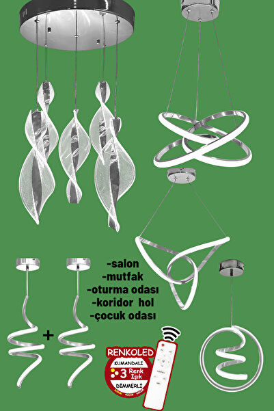 Renkoled Aydınlatma EV SETİ Kumandalı 3 Renk Işıklı Modern Sarkıt Led Avize ledli AVİZE Salon,oda ,mutfak ,hol