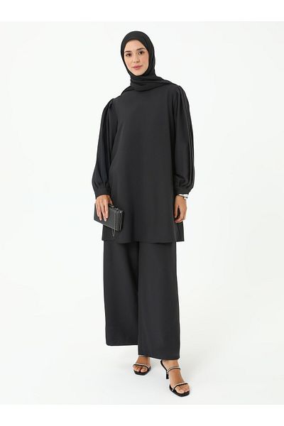 Refka Pili Detailed Crepe Tunic Trousers Double Set - Black - Refka