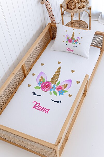 Lilabio %100 Pamuk İsme Özel Montessori Yatak Pike Seti 100x200 Unicorn