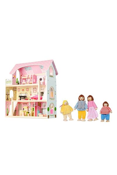 Ecotoys Large wooden house toy for children, on 3 levels with 5 rooms and accessories, 4 dolls, 63x36x7