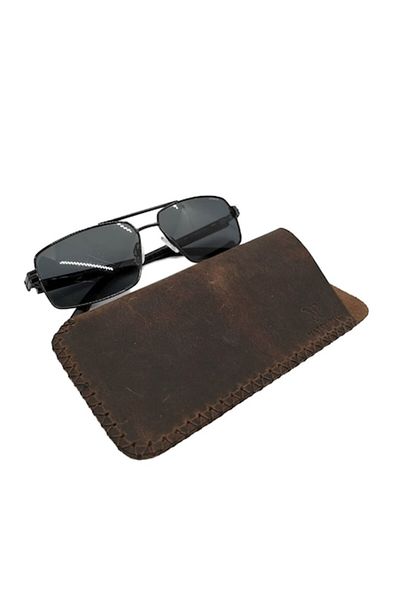 Natty Pell Leather Glasses Case, Brown with X-Stitching, Size M