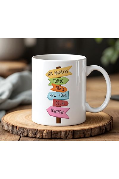 BB TRADE White Ceramic Printed Mug with City Signs Design 330ml