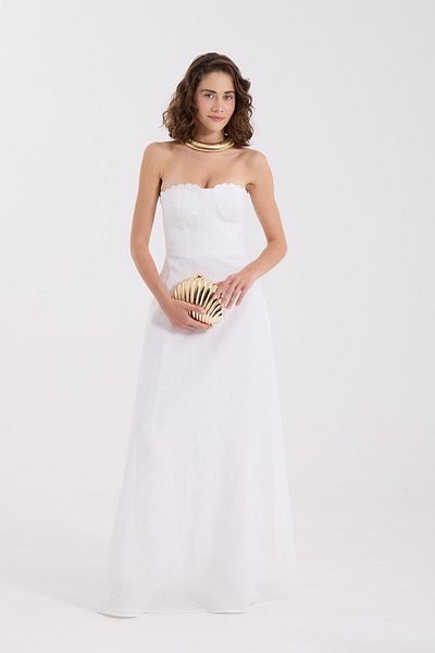 NOK İSTANBUL Seashell Bloom 100% Linen Maxi Length Dress White