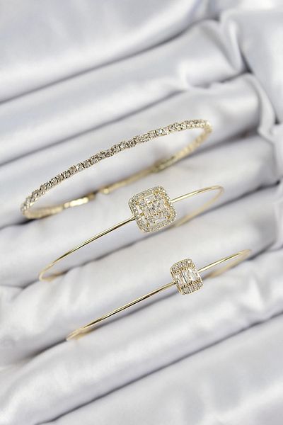 NETWORK ART Bfs Brass Zircon Stone Baguette Model Gold Color Vip 3-Piece Women's Bracelet
