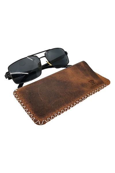 Natty Pell Natty Pell genuine leather glasses case, brown with white x-stitching, size M