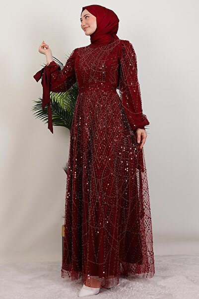 giz astore Kol Ucu Saten Abiye Bordo