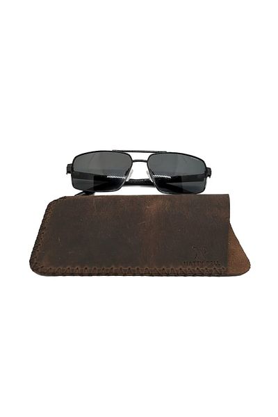 Natty Pell Leather Glasses Case, Brown with X-Stitching, Size M