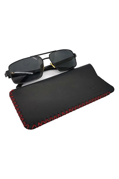 Natty Pell Eyeglass Case, Leather, Black with Red Stitching, Size L