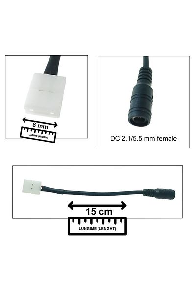 OEM 8mm LED strip power cable, with 2.1/5.5mm female connector to 2-pin connection, length 15cm, black