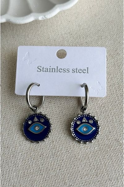 Çelik Navy Blue Eye Detailed Steel Earrings
