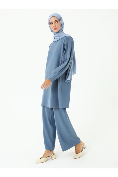 Refka Pili Detailed Crepe Tunic Trousers Double Set - Blue - Refka