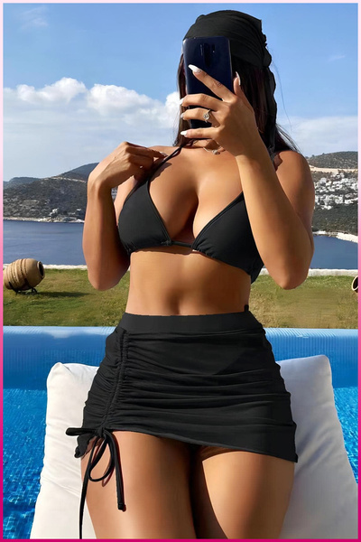 Veille Siyah 4'lü Saç Bandajlı ve Mini Etekli Mayo, Bikini ,Mayokini Takımı