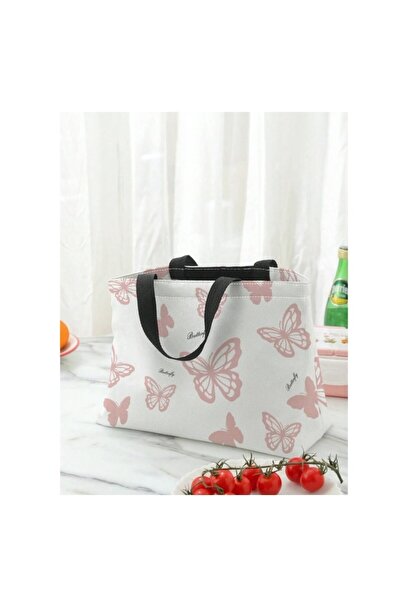 The Casius. Geantă de prânz portabilă din poliester pentru școală, birou, călătorii, model cu fluturi și litere, albă