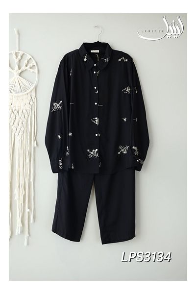 LINELLE Co-Ord Set – Solid Black Shirt and Pant with Floral Embroidery Work.