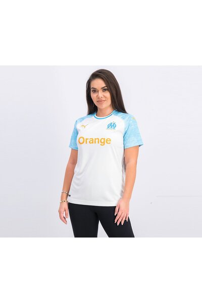 Puma Women OM Short Sleeves Jersey Shirt, White and Blue Azure