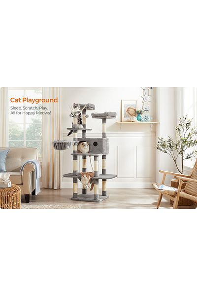 feandrea Cat play set, tree type, with hammock and hiding place, 50x50x164cm, gray