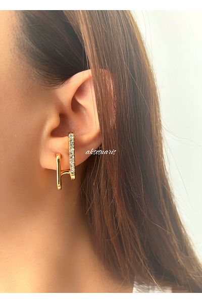 aksesuaris Steel Zircon Stone 2-Piece Earcuff Look Earrings