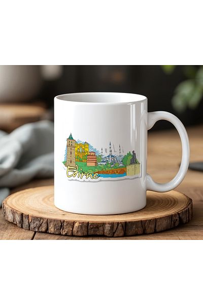 BB TRADE Edirne Designed White Ceramic Printed Mug Cup 330ml