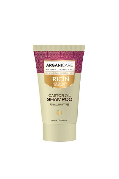 Arganicare Șampon stimulator de creștere a părului cu ulei de ricin pentru toate tipurile de păr, format de călătorie, Arganicare, 50 ml