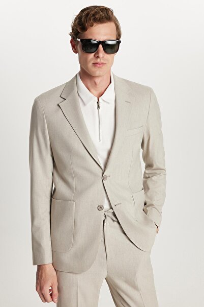 Tudors Erkek Regular Fit Bej Esnek Likralı Kumaş Mono Yaka Torba Cepli Takım Elbise