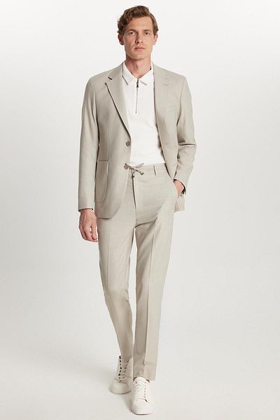 Tudors Men's Regular Fit Beige Stretchy Lycra Fabric Mono Collar Suit with Bag Pocket