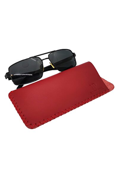 Natty Pell Leather Glasses Case, Red with X-Stitch, Size M