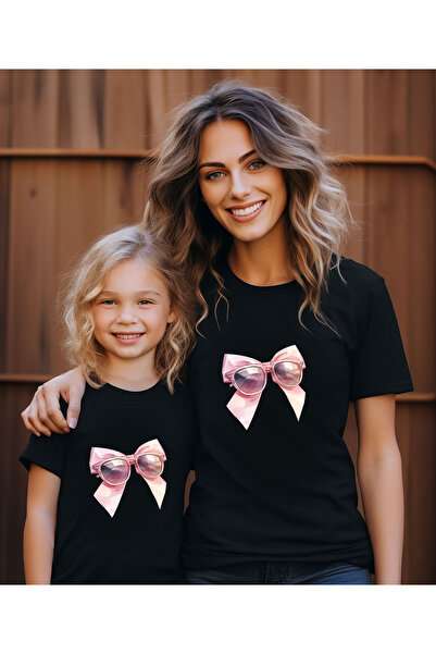 ASELİNDA تي شيرت مطبوع عليه نظارات الأم والبنت وفيونكة (قطعة واحدة فقط، أضف 2...