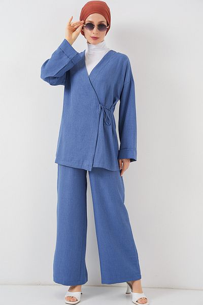 Bigdart Women's Double Breasted Collar Kimono Bottom Top Set 6743 - Indigo