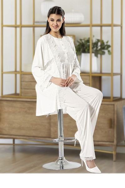 Pelin Women's Ecru Lace Maternity Maternity 3-Piece Pajama Set