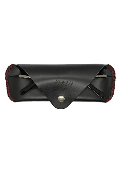 Natty Pell handmade genuine leather eyeglass case — black with red stitching