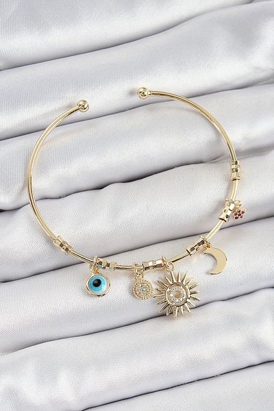 Clariss Brass Zircon Stone Sun Moon Evil Eye Model Gold Color Charm Bracelet