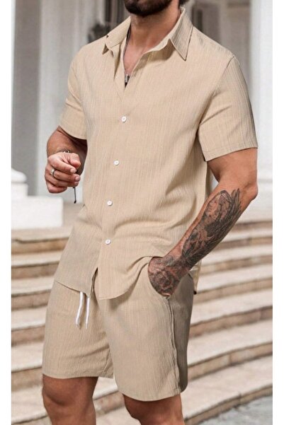 The Casius. The Casius - Casual Set with Shirt and Shorts for Men, Size L, Beige